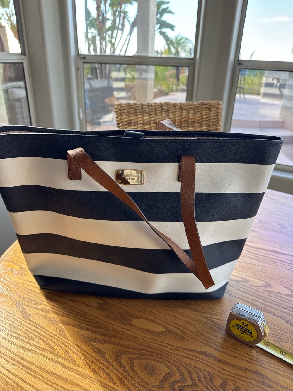 Michael Kors Jet Set Navy White Striped Large Tote Bag Brown Handles